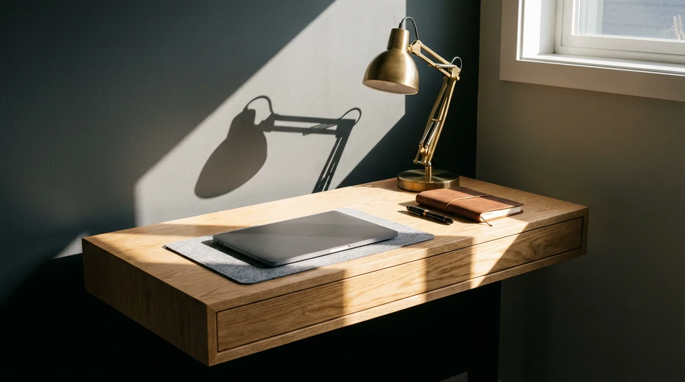 Low angle photograph of a small wooden desk divided into organized digital and analog productivity zones.