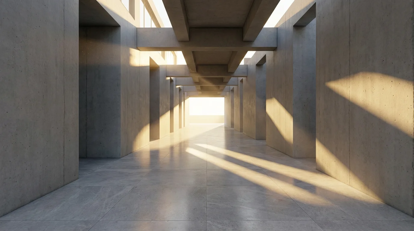Low angle photograph of a structured, modern architectural pathway with dramatic afternoon shadows, symbolizing system design.