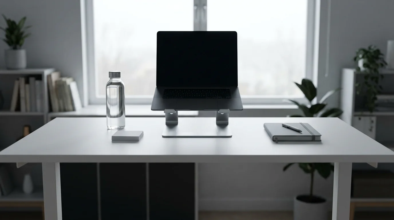 Low angle photograph of an organized professional desk setup optimizing environment for habit stacking success.