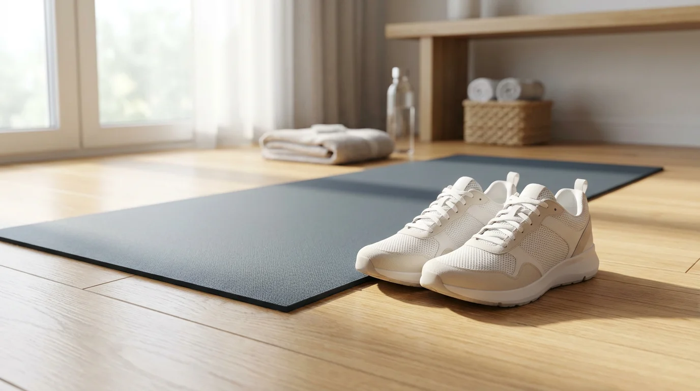 Low angle photograph of organized running shoes next to an unrolled yoga mat on a clean wood floor.