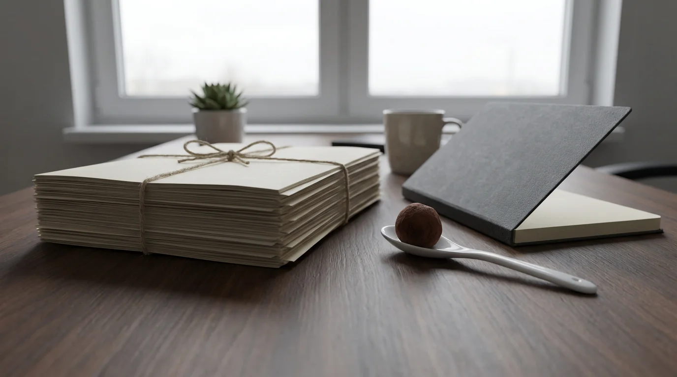Low angle photograph showing a stack of documents next to a single dark chocolate truffle on a spoon.