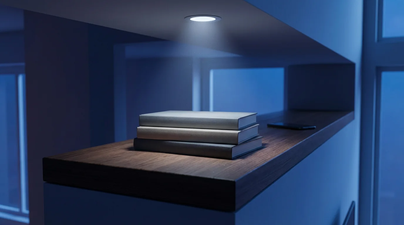 Low angle photograph showing unmarked books prominently displayed on a modern shelf during blue hour.