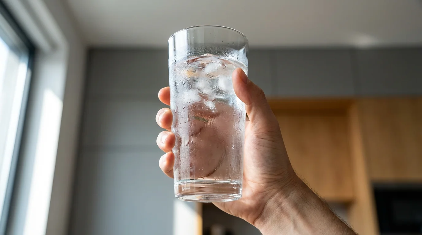 Low angle shot of a hand holding a sparkling glass of water in bright natural window light.