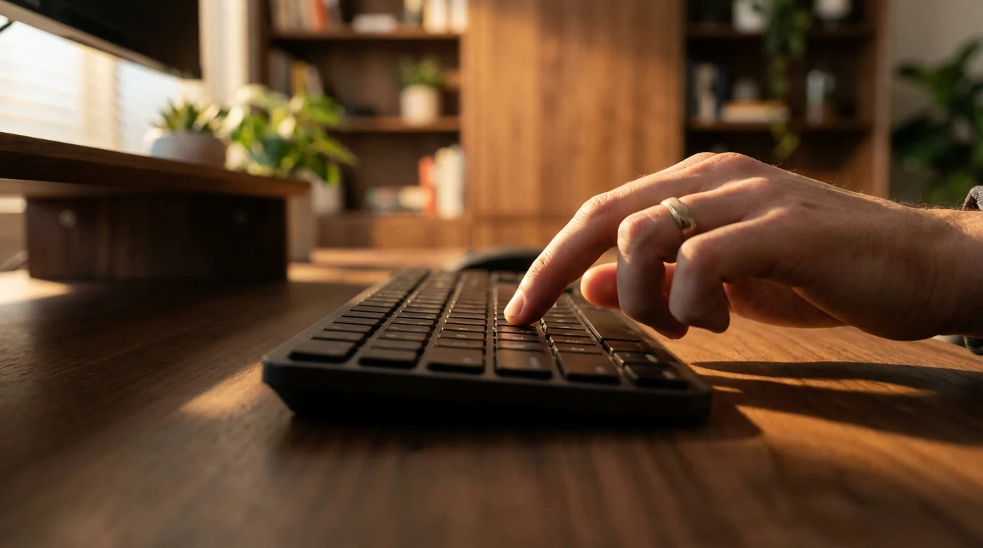Low angle shot of a hand poised over a keyboard, illuminated by warm golden hour sunlight.