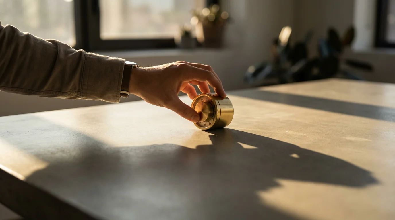 Low angle shot of a hand setting a brass mechanical timer on a desk in dramatic afternoon shadows.