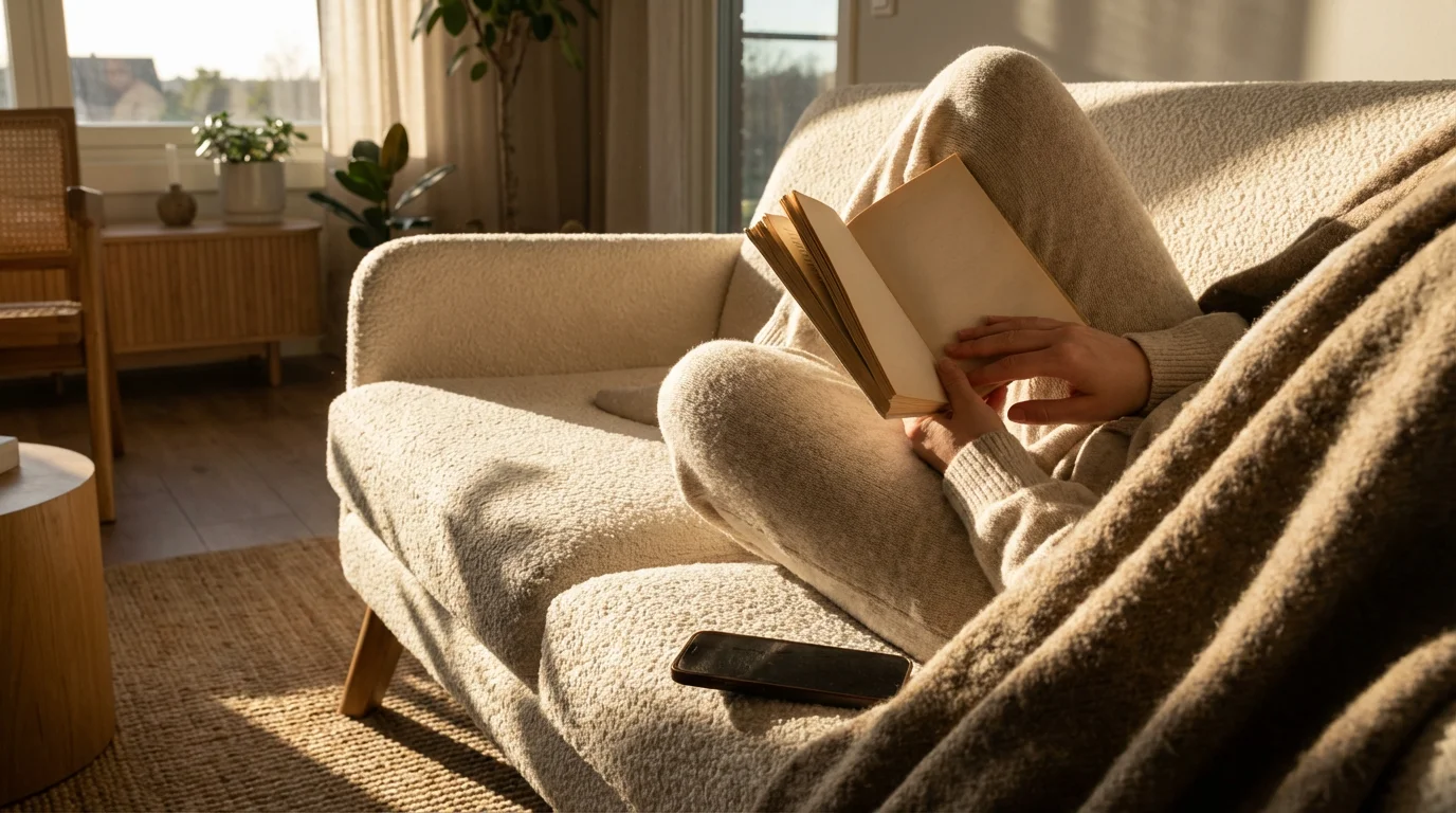 Low angle shot of a person reading a book in an armchair during golden hour, phone set aside.