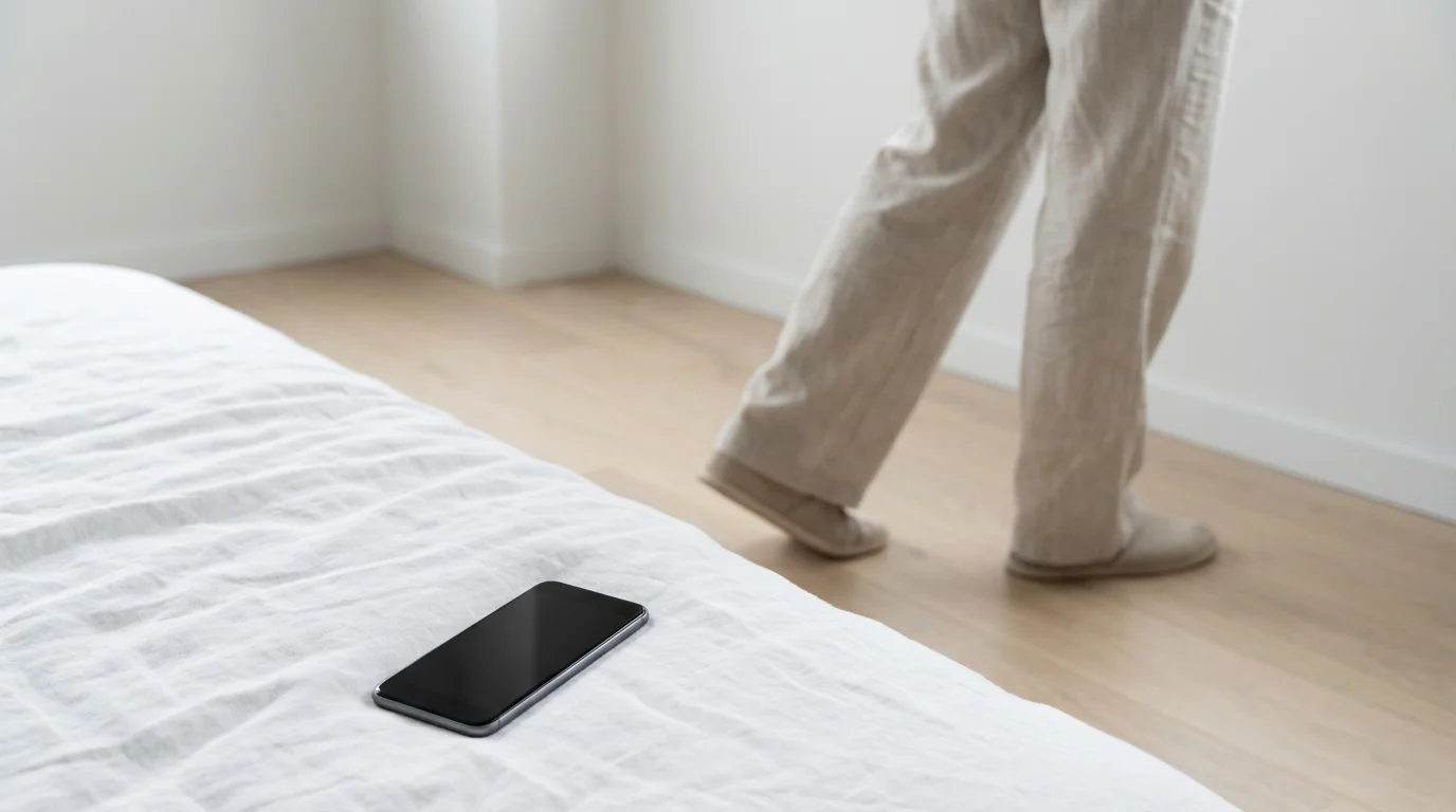 Low angle shot of feet stepping away from an abandoned smartphone on rumpled bed sheets.