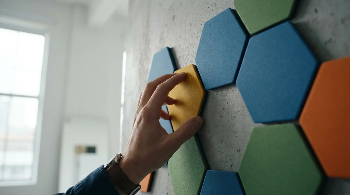 Low angle shot of hand arranging blank colored magnetic tiles on a wall planner.