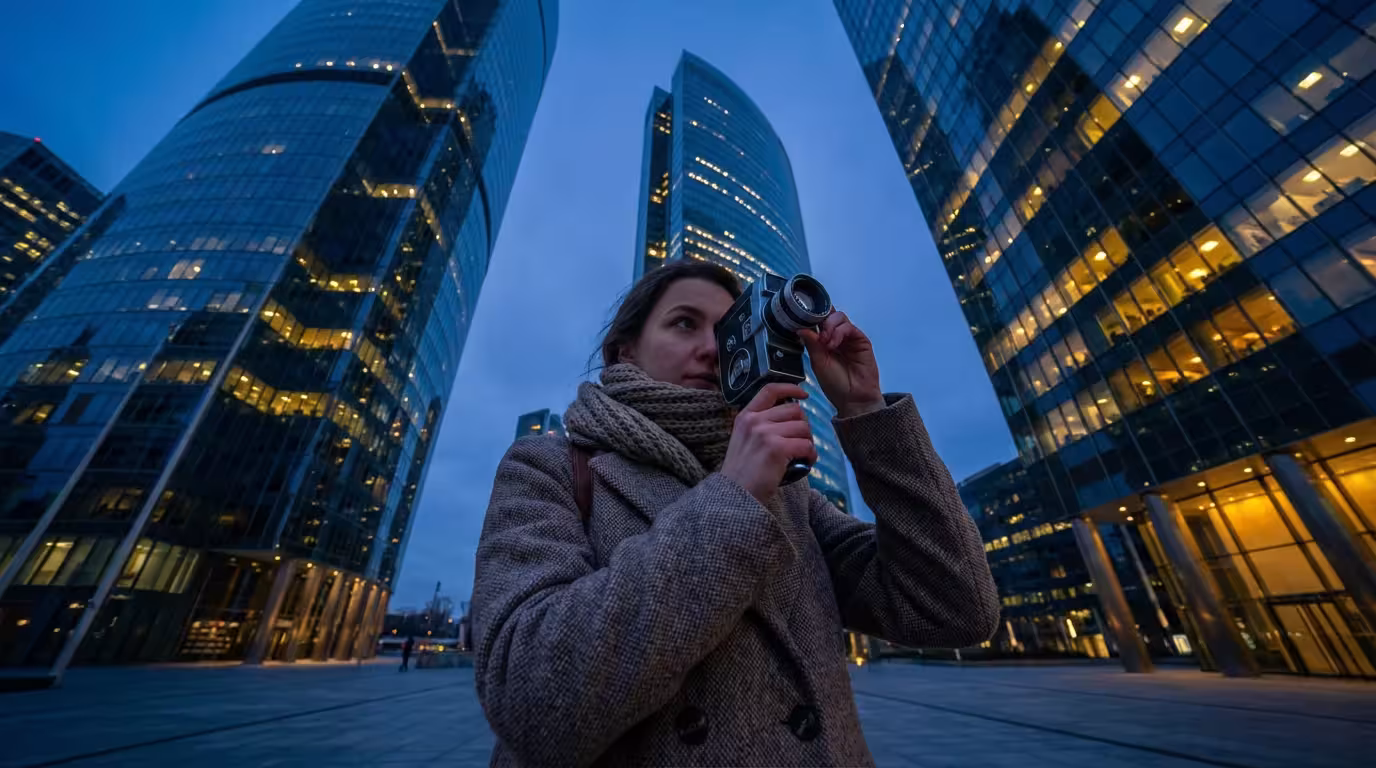 Low angle shot of woman using vintage camera in city at blue hour.