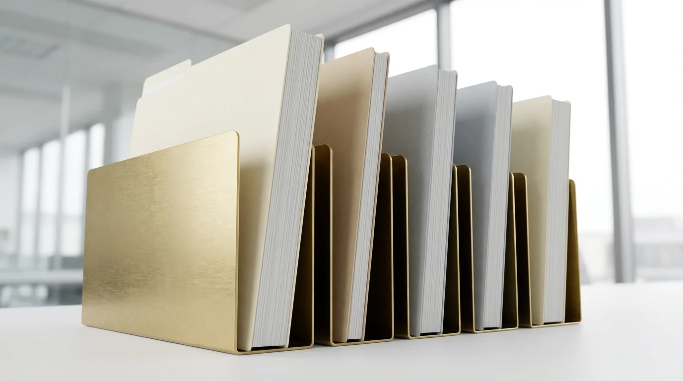Low angle view of a brass file organizer with blank folders on a white desk.