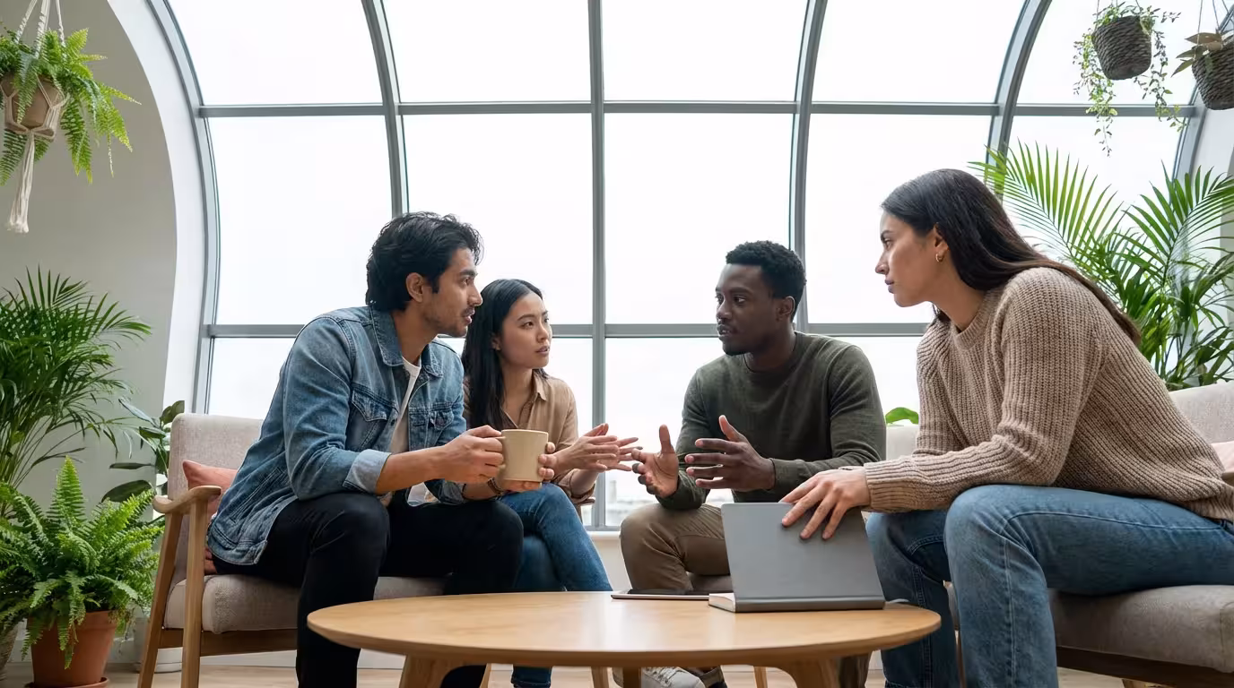Low angle view of a diverse group having a serious planning meeting in a lounge.