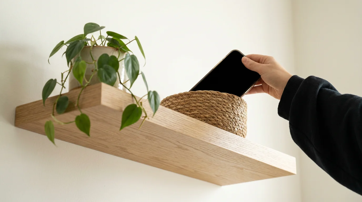 Low angle view of a hand placing a smartphone into a woven basket on a wooden shelf.
