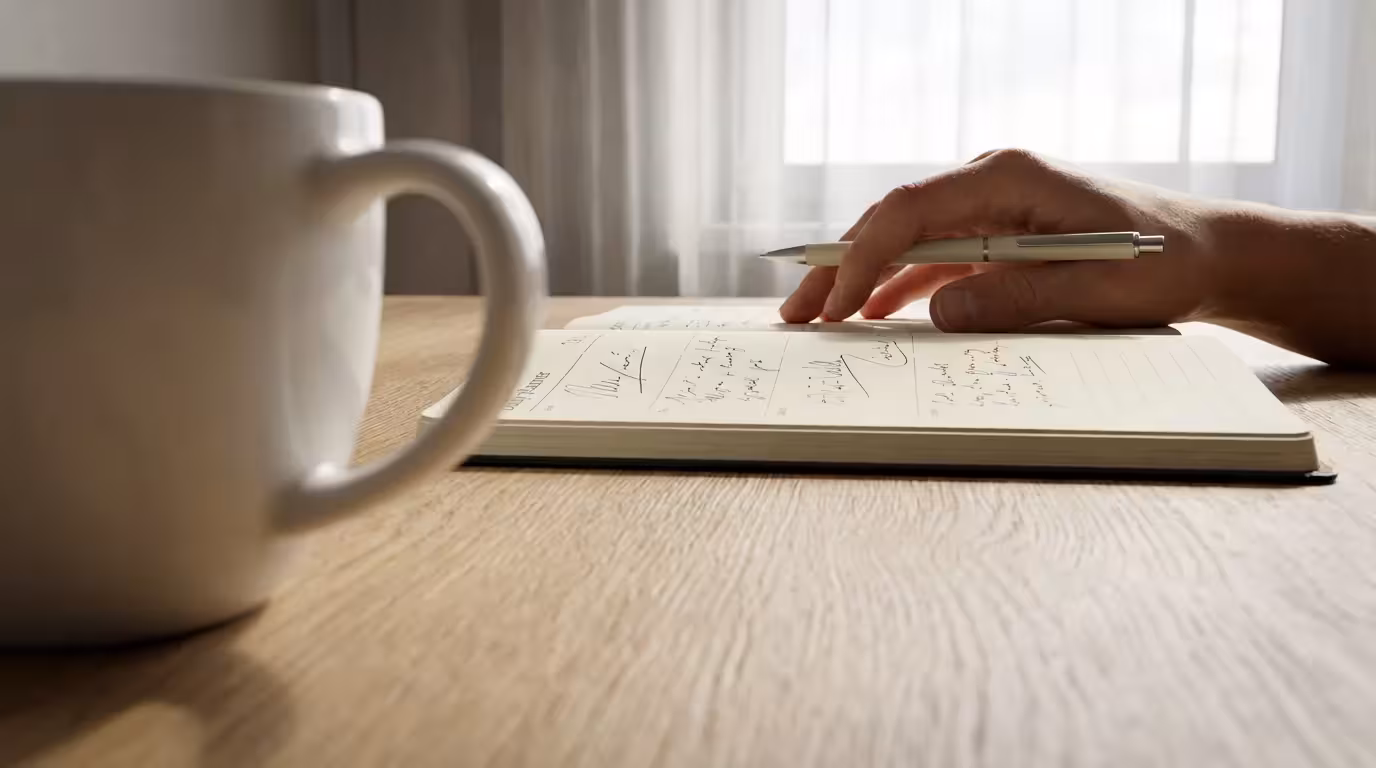 Low angle view of a hand resting on a planner on a desk in natural light