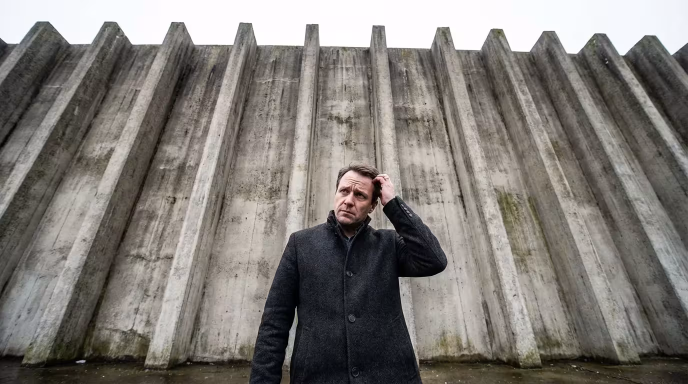 Low angle view of a man looking up at a rigid concrete wall signifying mental blocks.