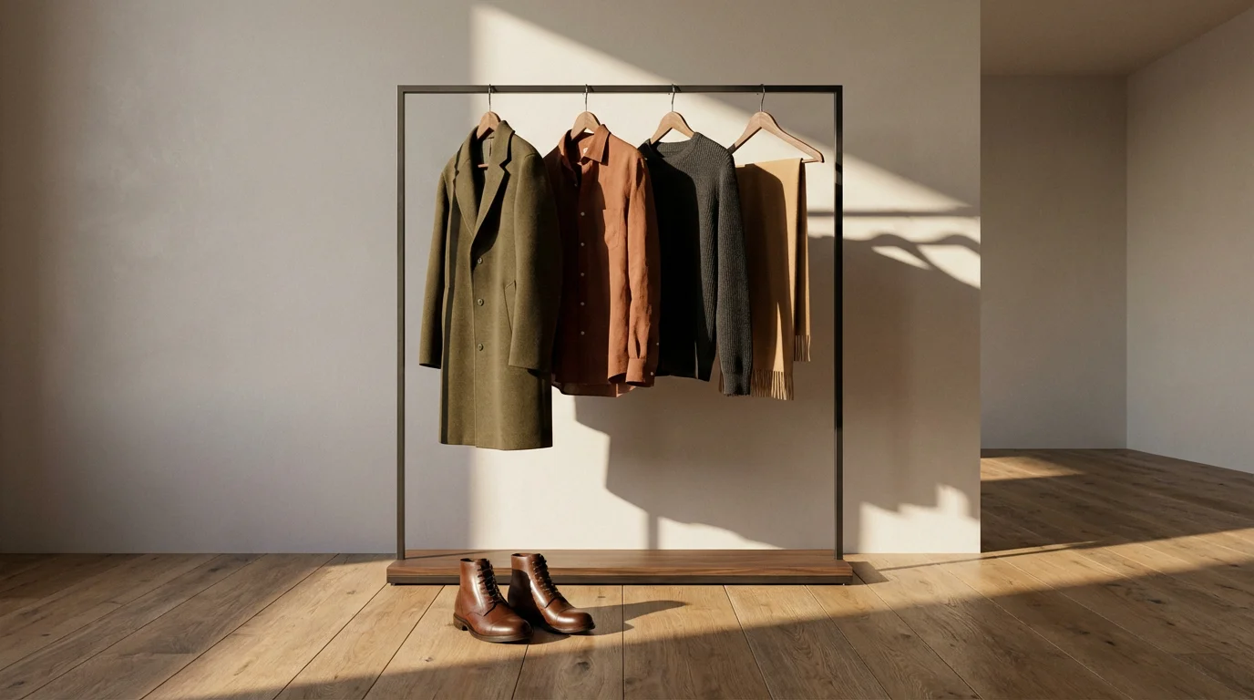 Low angle view of a minimalist clothing rack with dramatic afternoon shadows and leather boots.