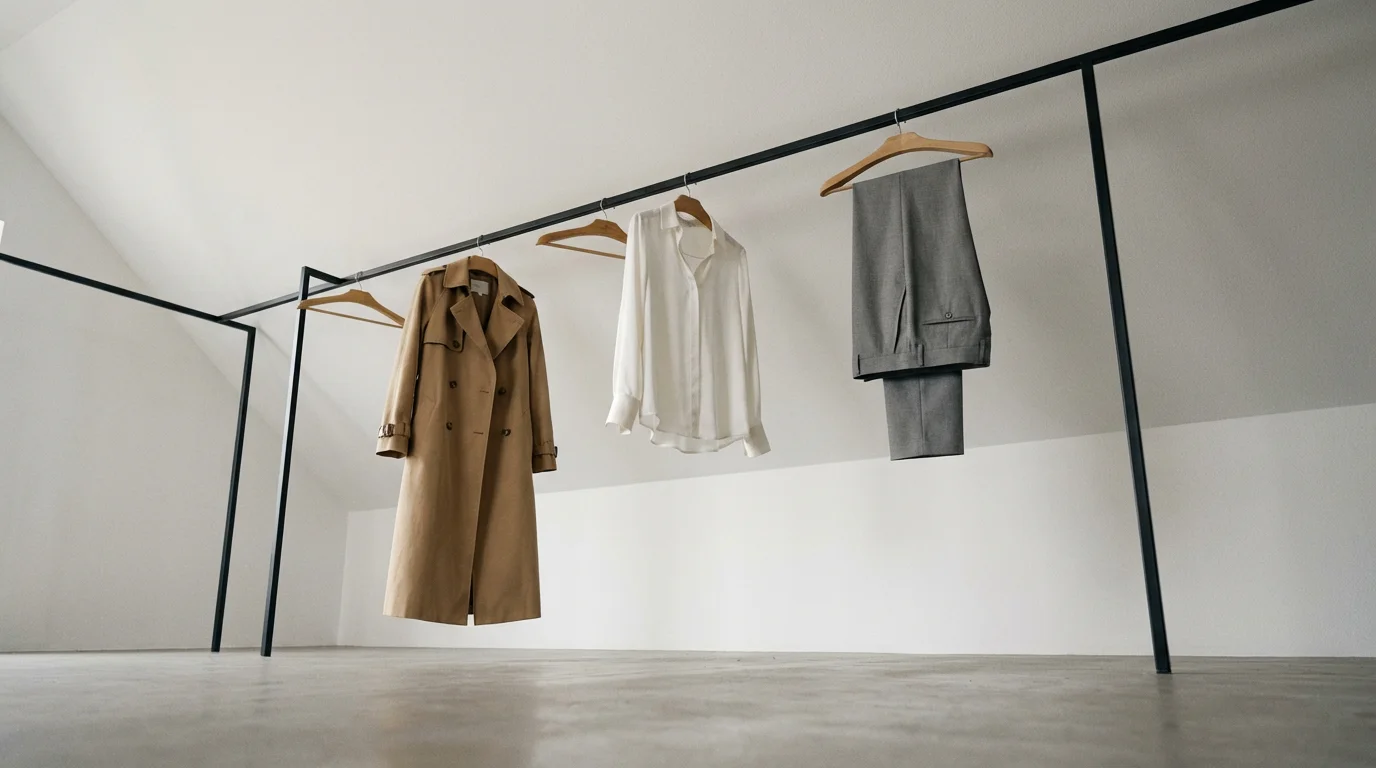 Low angle view of a minimalist clothing rail holding a trench coat, blouse, and trousers.