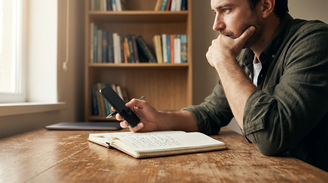 Low angle view of a person at a desk reviewing smartphone settings and taking notes.