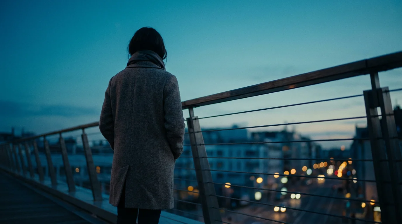 Low angle view of a person reflecting on a bridge during a blue hour evening.