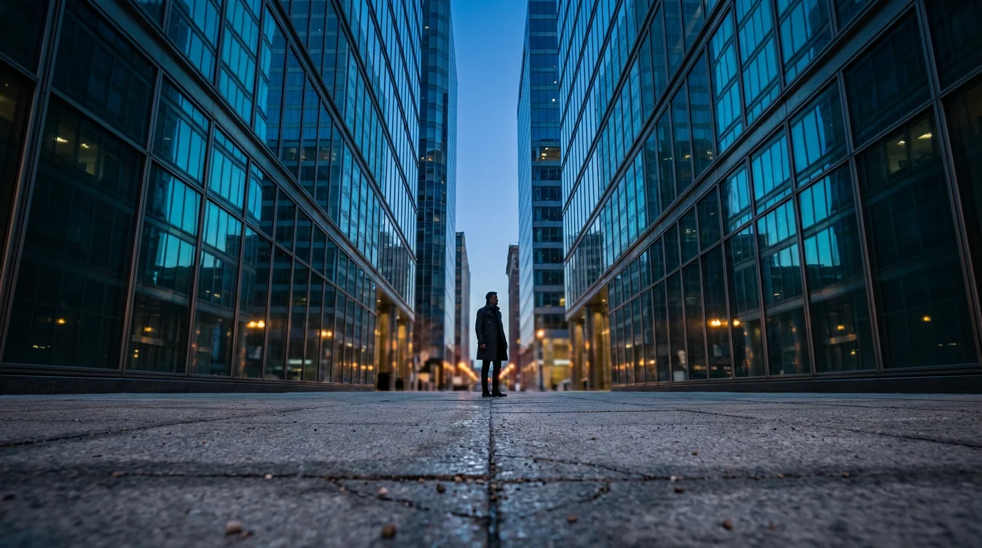 Low angle view of a person standing between towering glass buildings at twilight.