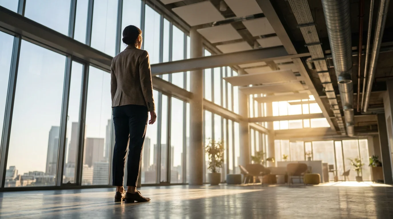 Low angle view of a professional standing in a sunlit modern office during golden hour.