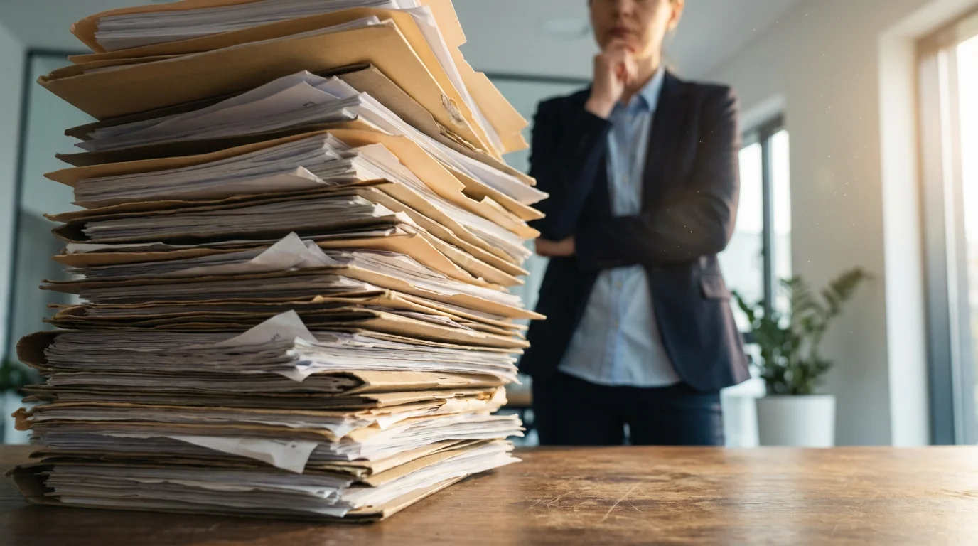 Low angle view of a tall stack of office files and paperwork on a desk.