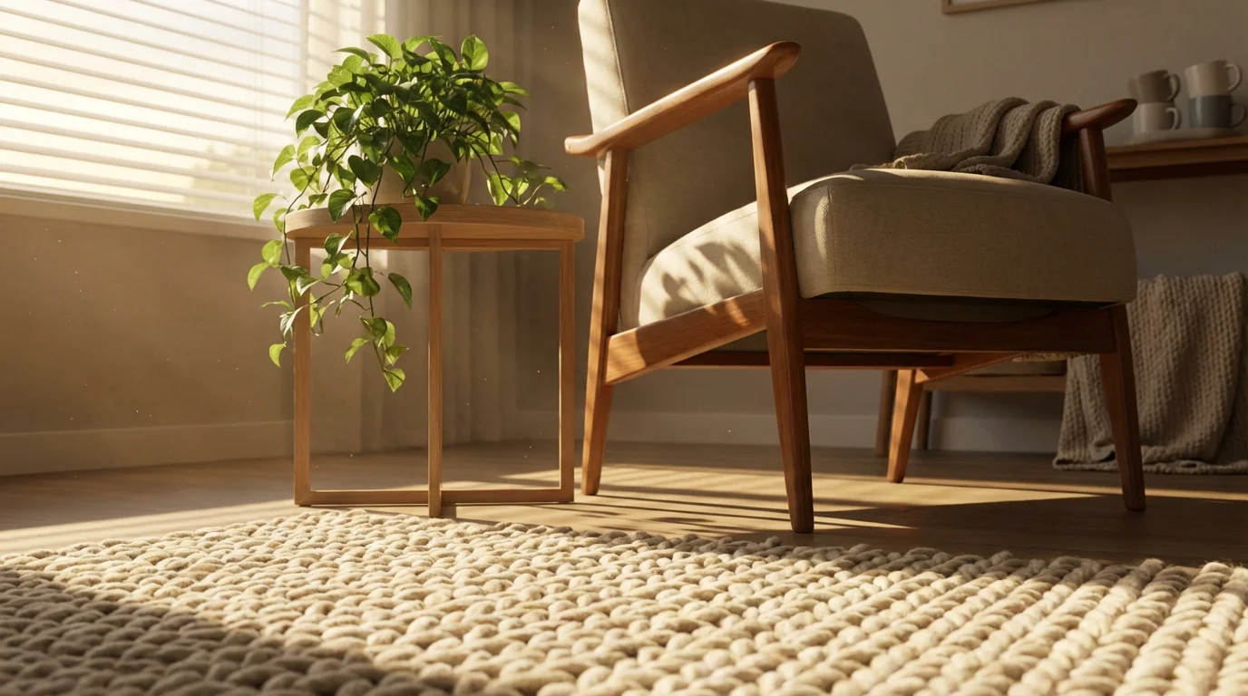 Low angle view of a tidy living room corner with armchair illuminated by warm golden sunlight.