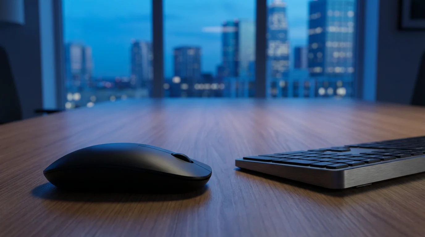 Low angle view of a tidy minimalist desk workspace during blue hour evening.