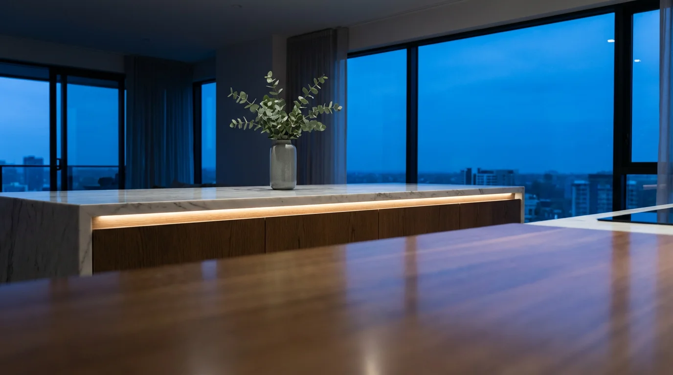 Low angle view of a tidy modern kitchen island illuminated by cool blue hour window light.