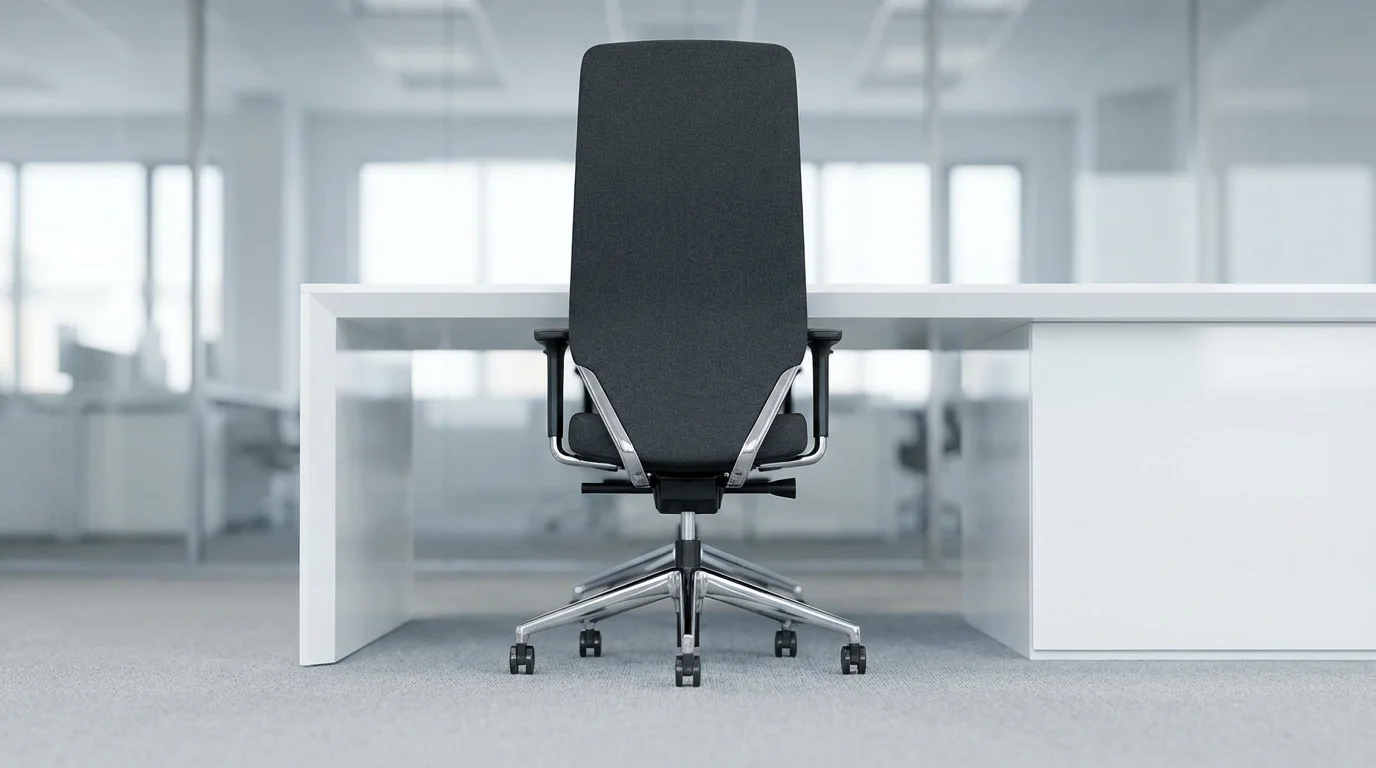 Low angle view of a tidy office chair and table in a bright modern meeting room