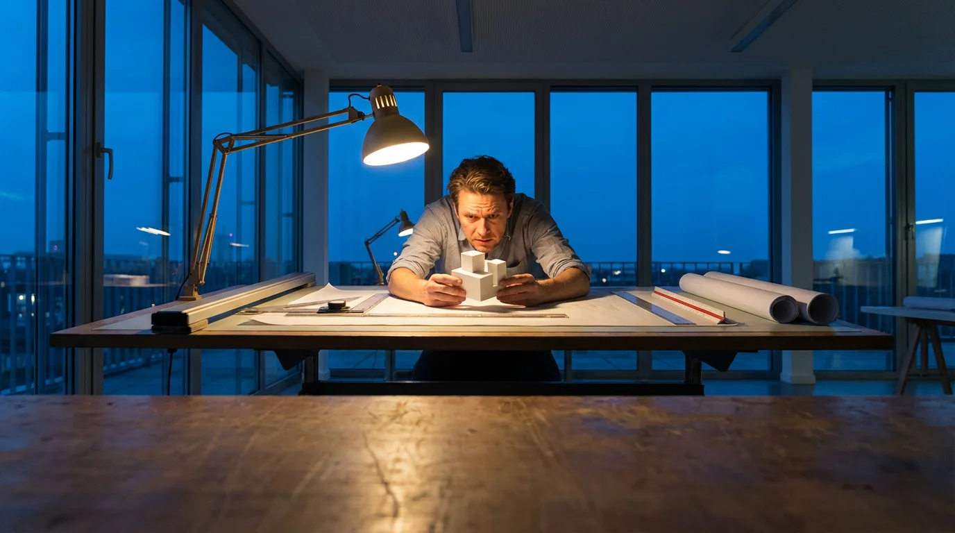 Low angle view of an architect focused on a single model during blue hour evening.