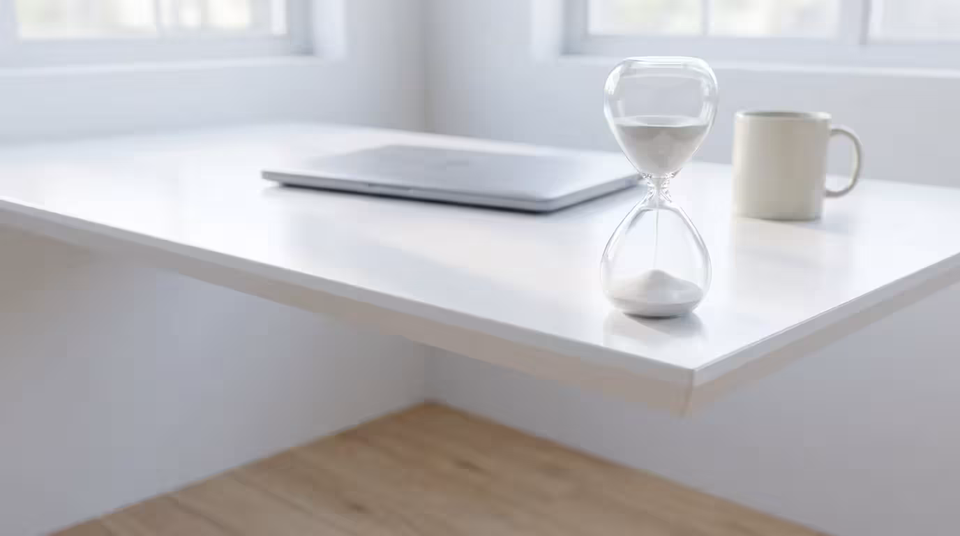 Low angle view of an hourglass on a white desk in soft morning light