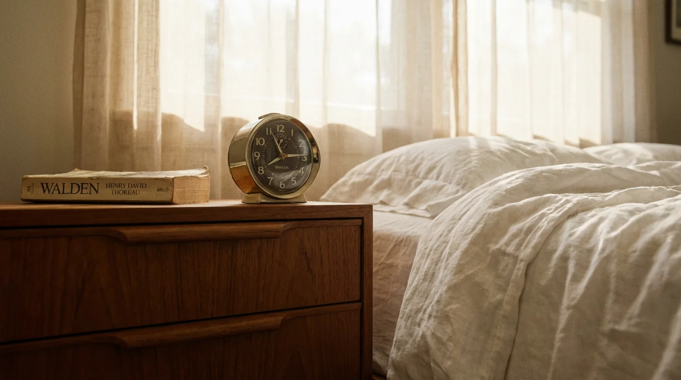 Low angle view of analog clock and book on nightstand with no phone present