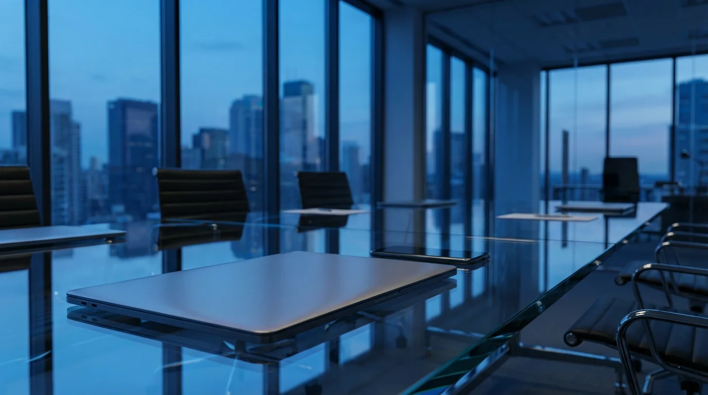 Low angle view of closed laptop on glass table in office during blue hour evening.