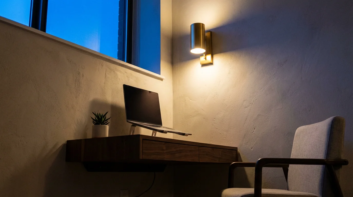 Low angle view of compact apartment desk nook lit by lamp against blue evening window