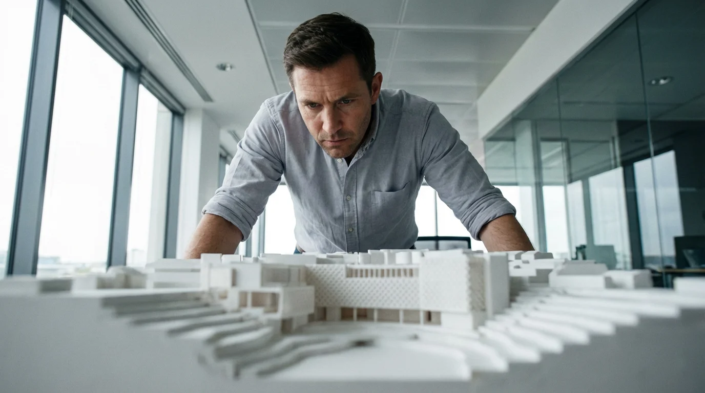 Low angle view of focused architect examining complex model in sunlit modern office.