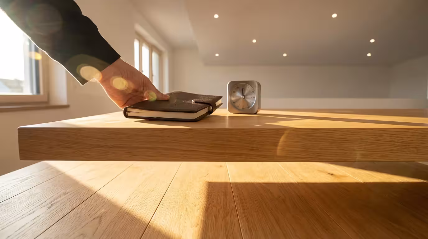 Low angle view of hand placing notebook and timer on desk during golden hour.