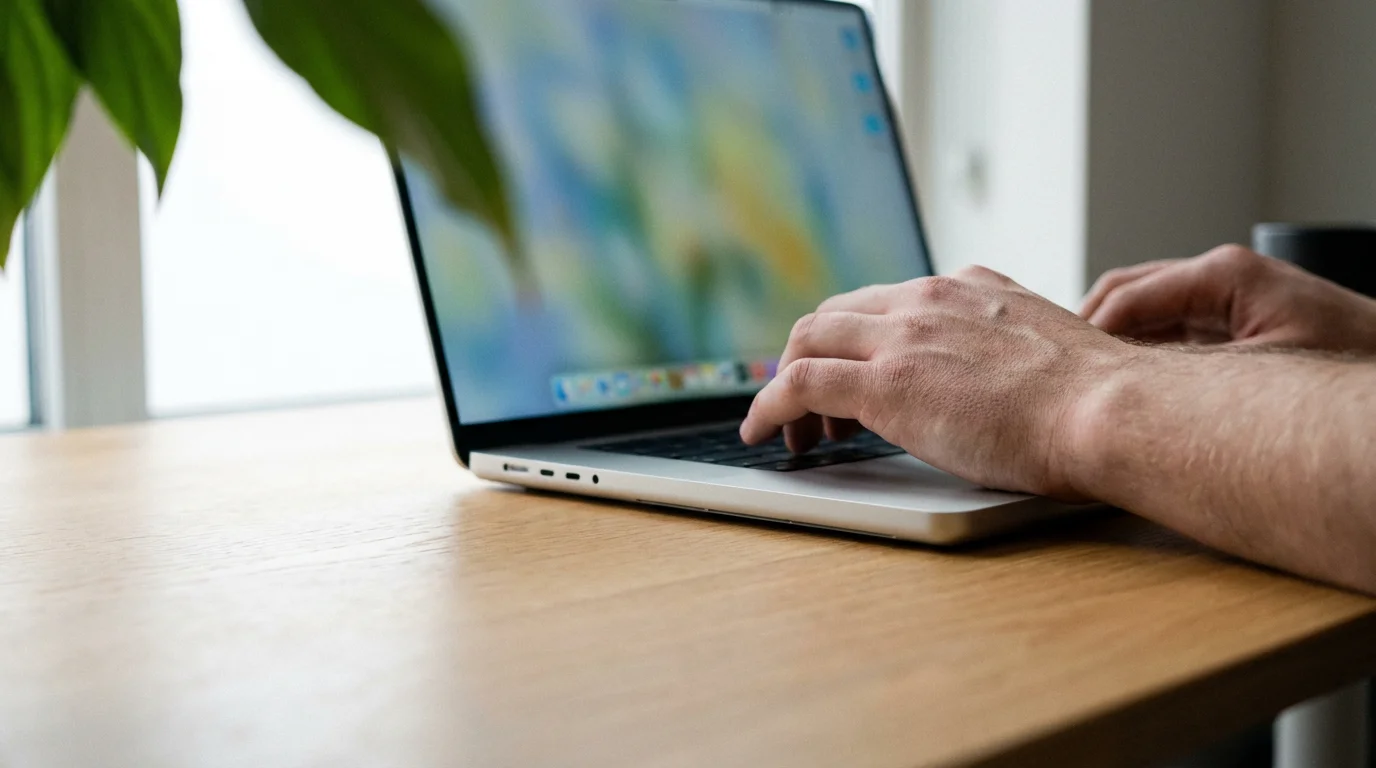Low angle view of hands typing on a laptop in a bright, clean workspace.