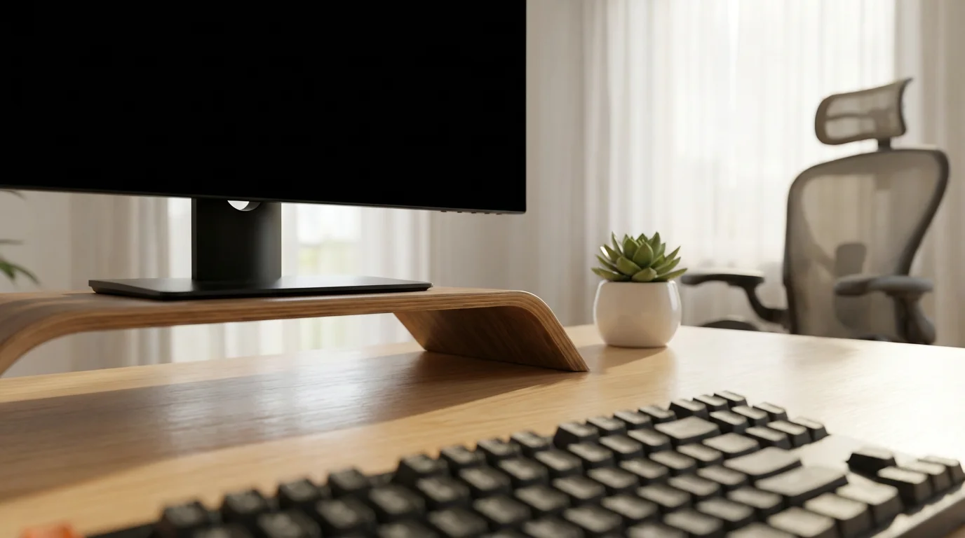 Low angle view of minimalist desk with monitor riser and plant in soft morning light