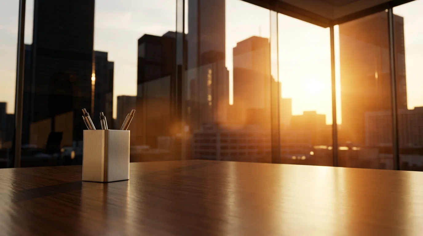 Low angle view of modern office desk and city skyline during golden hour