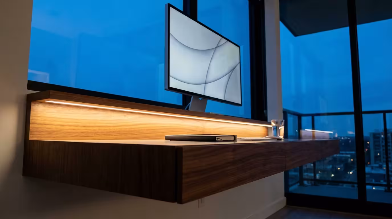 Low angle view of organized minimalist desk setup during evening blue hour.
