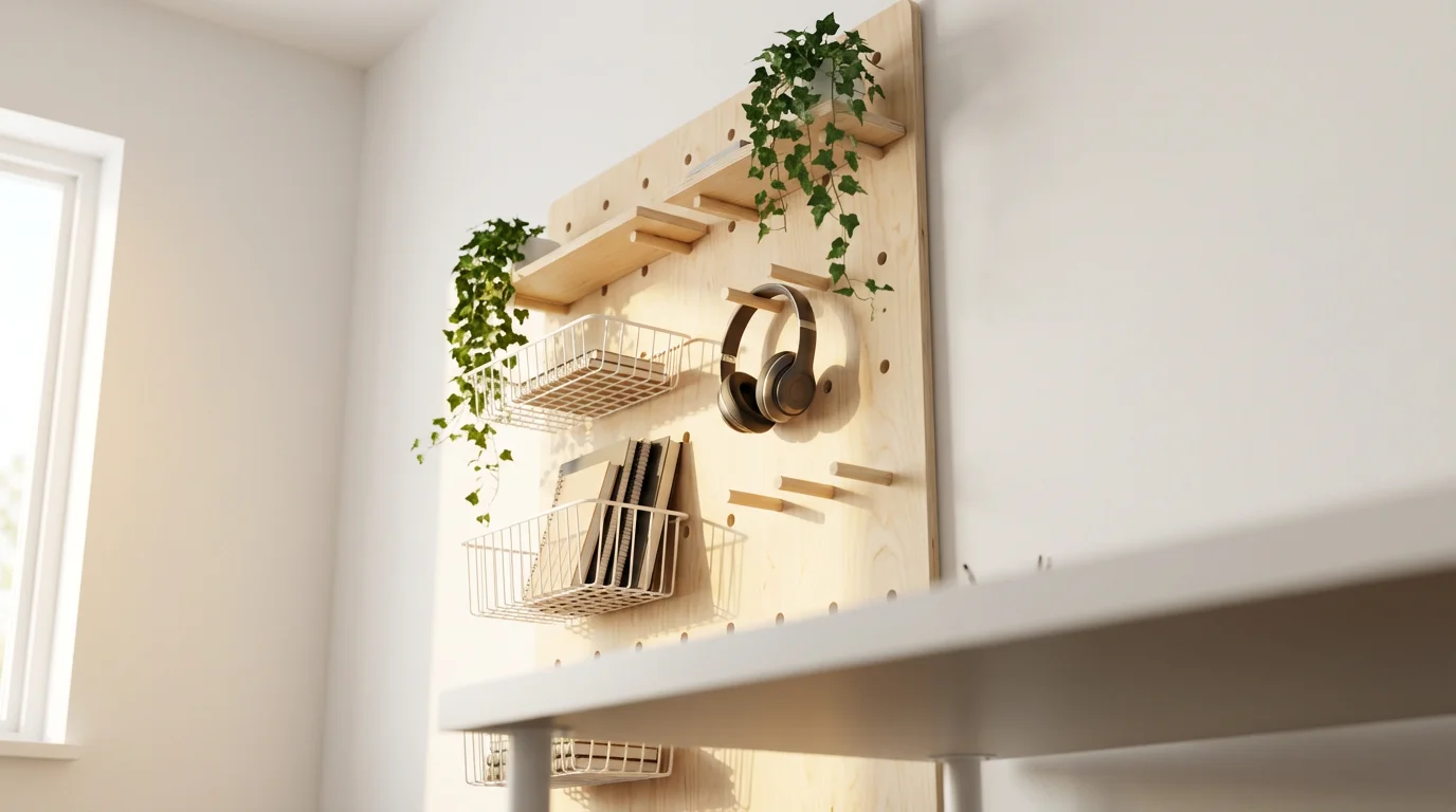 Low angle view of organized wooden pegboard storage wall in a bright home office.