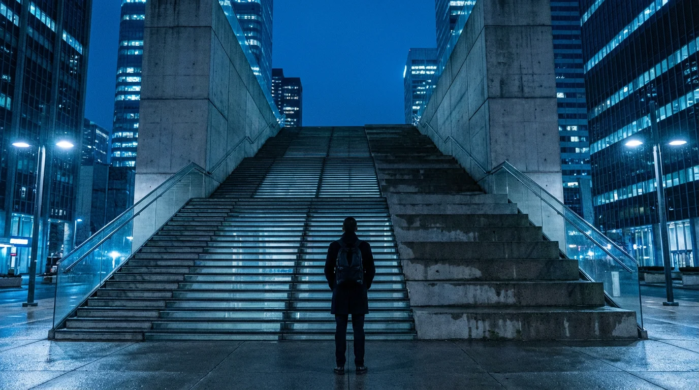 Low angle view of person at bottom of stairs at blue hour symbolizing ambition.