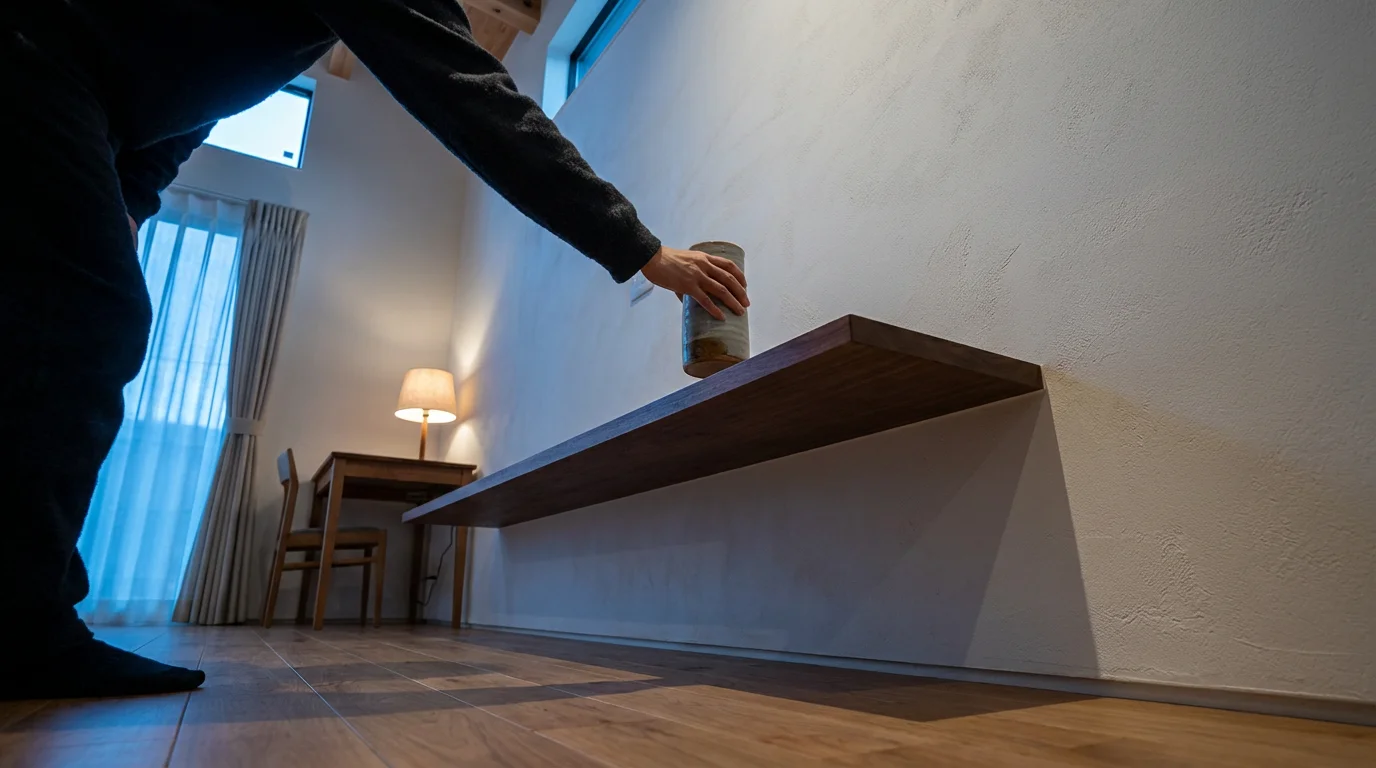 Low angle view of person organizing a minimalist home office shelf during blue hour.