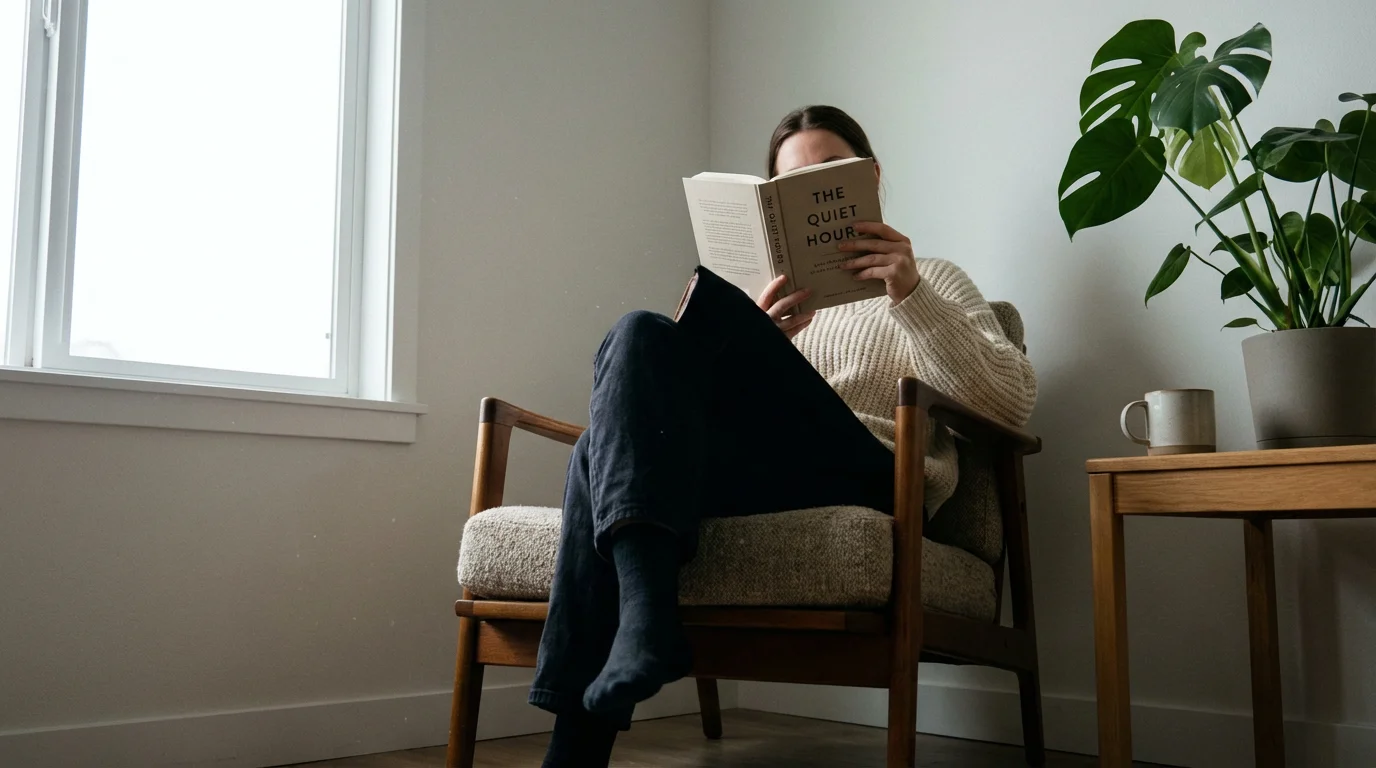 Low angle view of person reading book in sunlit chair, digital detox concept.