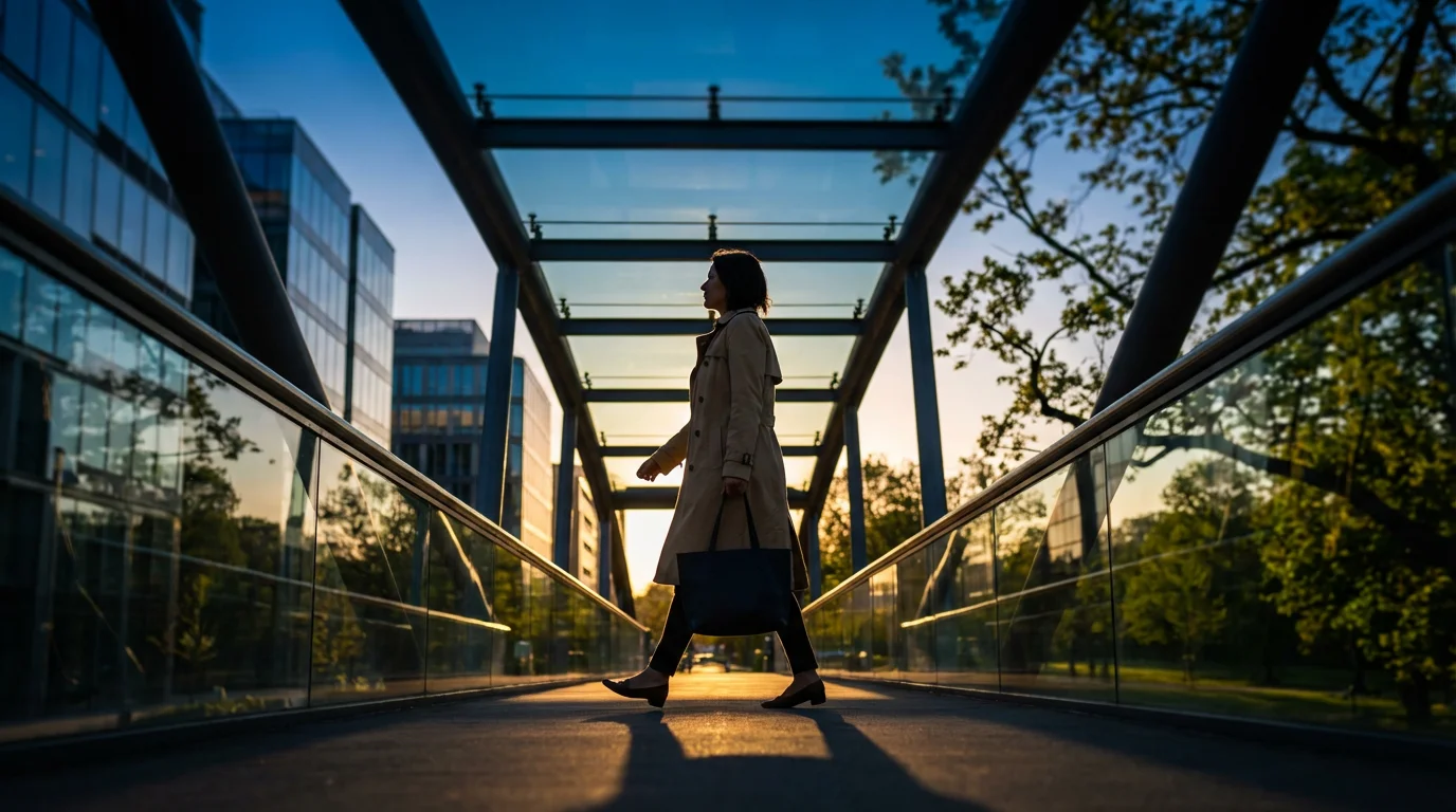 Low angle view of person walking confidently on bridge with moody afternoon lighting and shadows.