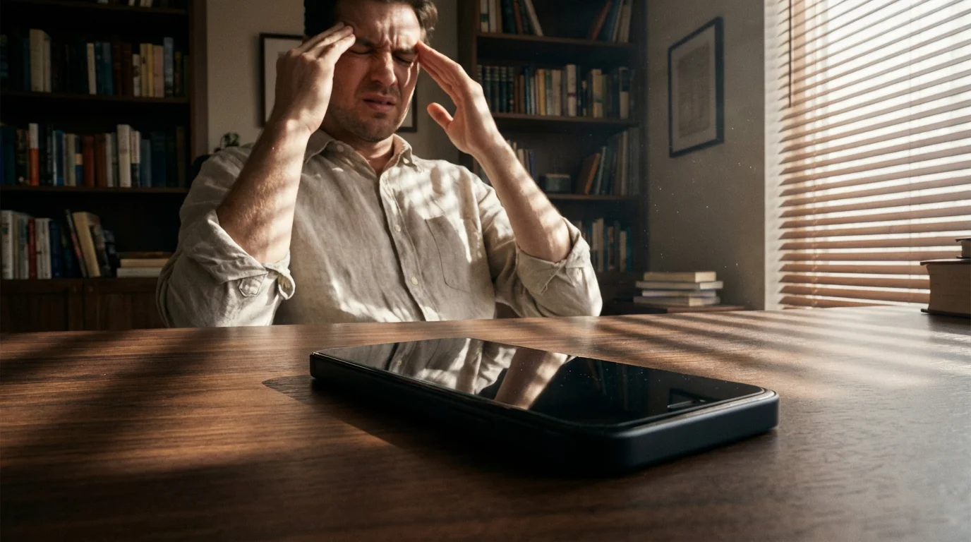 Low angle view of phone on desk with stressed person in background during golden hour.