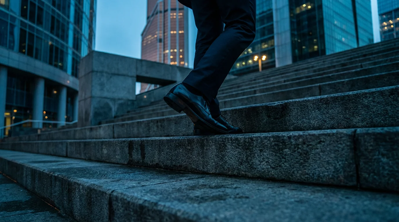 Low angle view of professional climbing concrete stairs at night during blue hour.