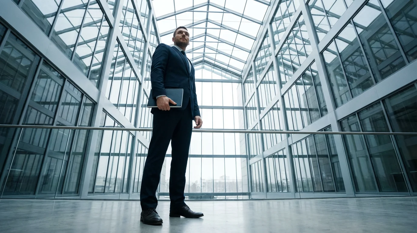 Low angle view of professional holding notebook in bright modern office atrium.