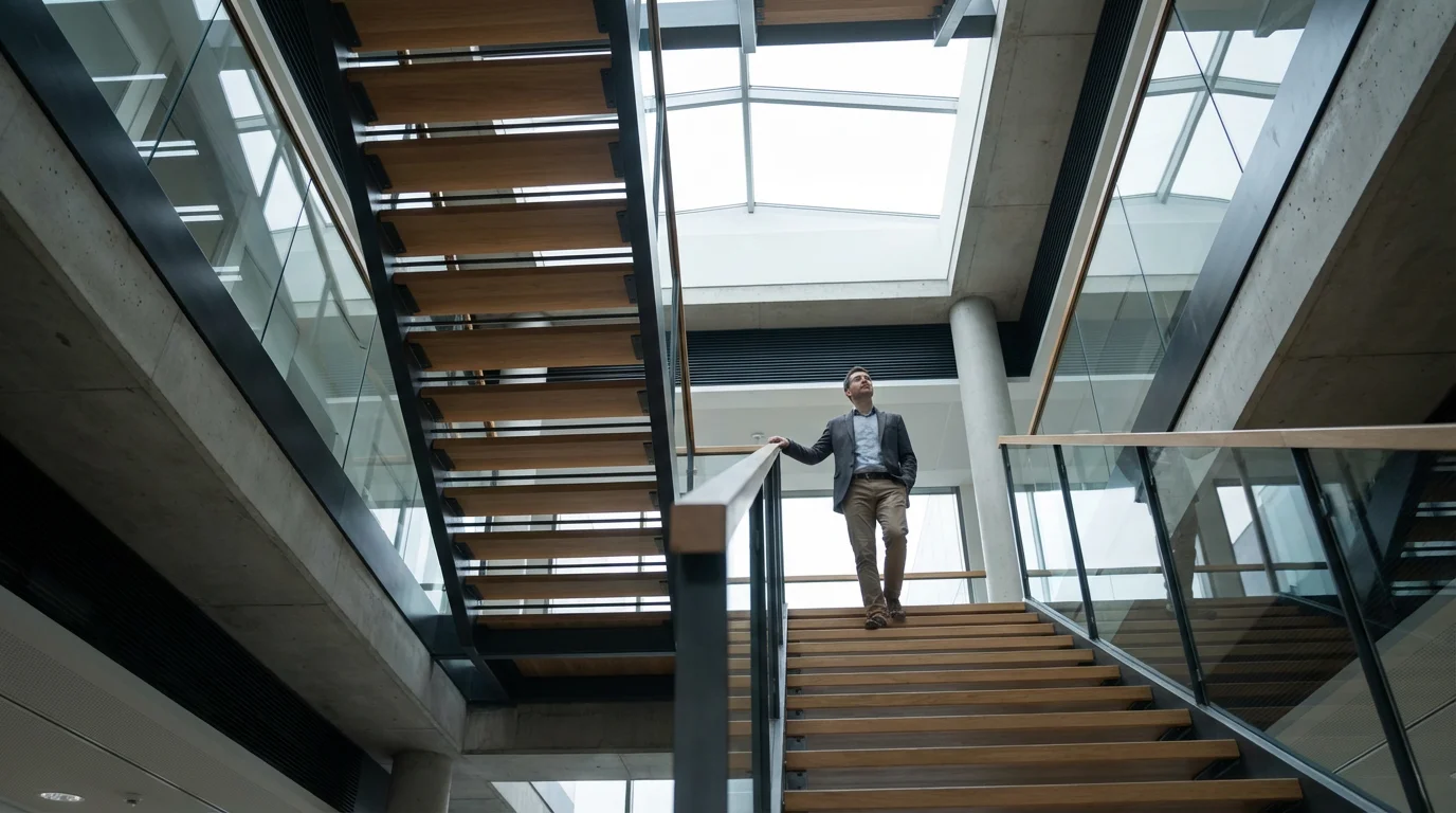 Low angle view of professional pausing on modern office stairs during a work transition.
