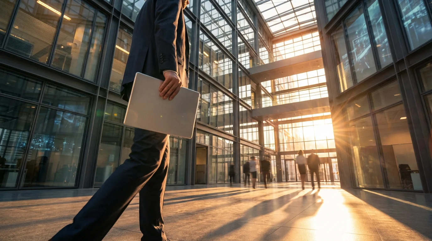 Low angle view of professional walking in modern office atrium during golden hour.